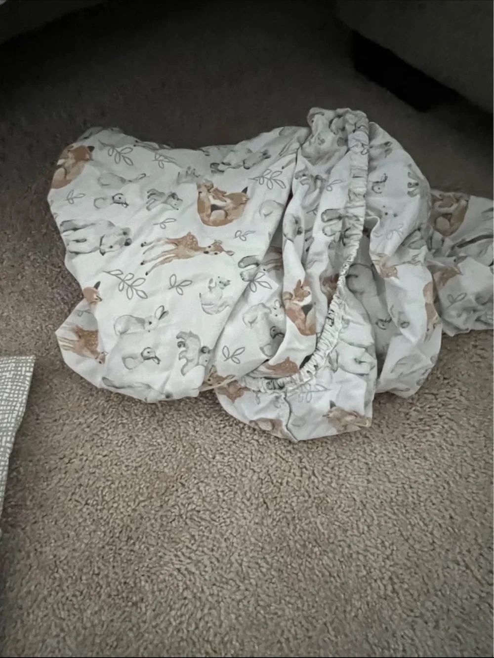 Woodland Friends Nursery Quilt - Neutral Tan & White, crib sheet and bed shirt